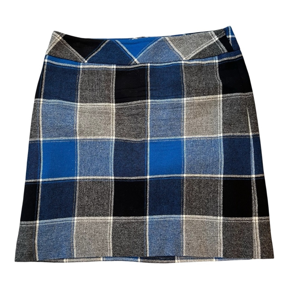Talbots Buffalo Plaid Wool Blend Mini Pencil Skirt- Blue and Grey Size 8 - Picture 1 of 8